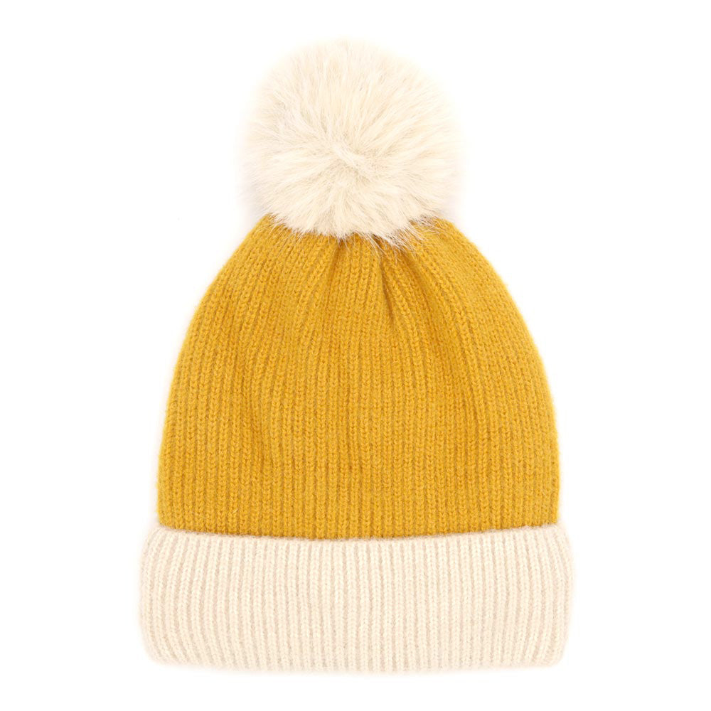 HATEGORY Two Tone Knit Pom Pom Beanie Hat