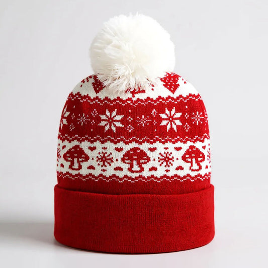 HATEGORY Snowflake Mushroom Pattern Pom Pom Winter Beanie Hat