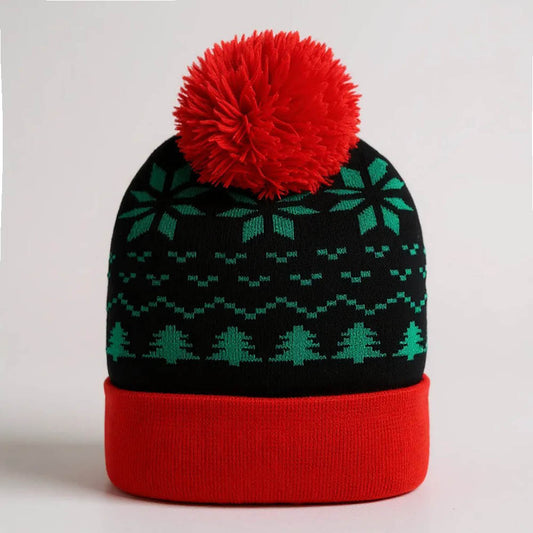 HATEGORY Snowflake Christmas Tree Pattern Pom Pom Winter Beanie Hat
