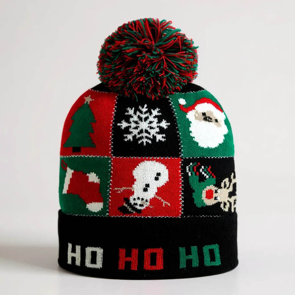 HATEGORY HO HO HO Christmas Theme Pattern Pom Pom Winter Beanie Hat
