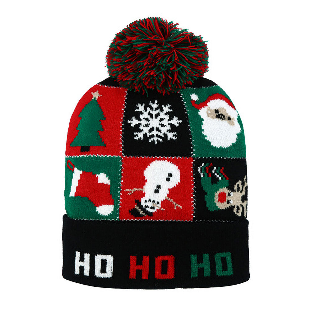 HATEGORY HO HO HO Christmas Theme Pattern Pom Pom Winter Beanie Hat