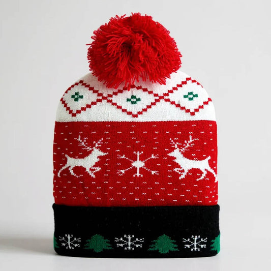 HATEGORY Reindeer Snowflake Christmas Tree Pattern Pom Pom Winter Beanie Hat