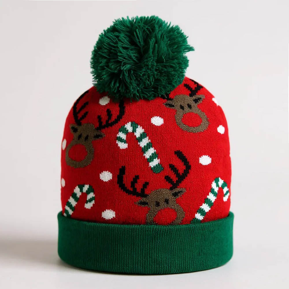 HATEGORY Reindeer Candy Cane Pattern Pom Pom Winter Beanie Hat