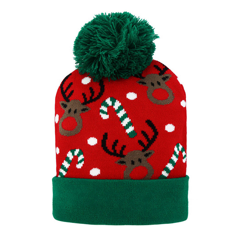 HATEGORY Reindeer Candy Cane Pattern Pom Pom Winter Beanie Hat