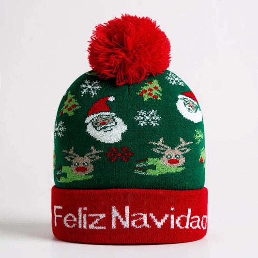 HATEGORY Feliz Navidad Santa Reindeer Snowflake Pattern Pom Pom Winter Beanie Hat