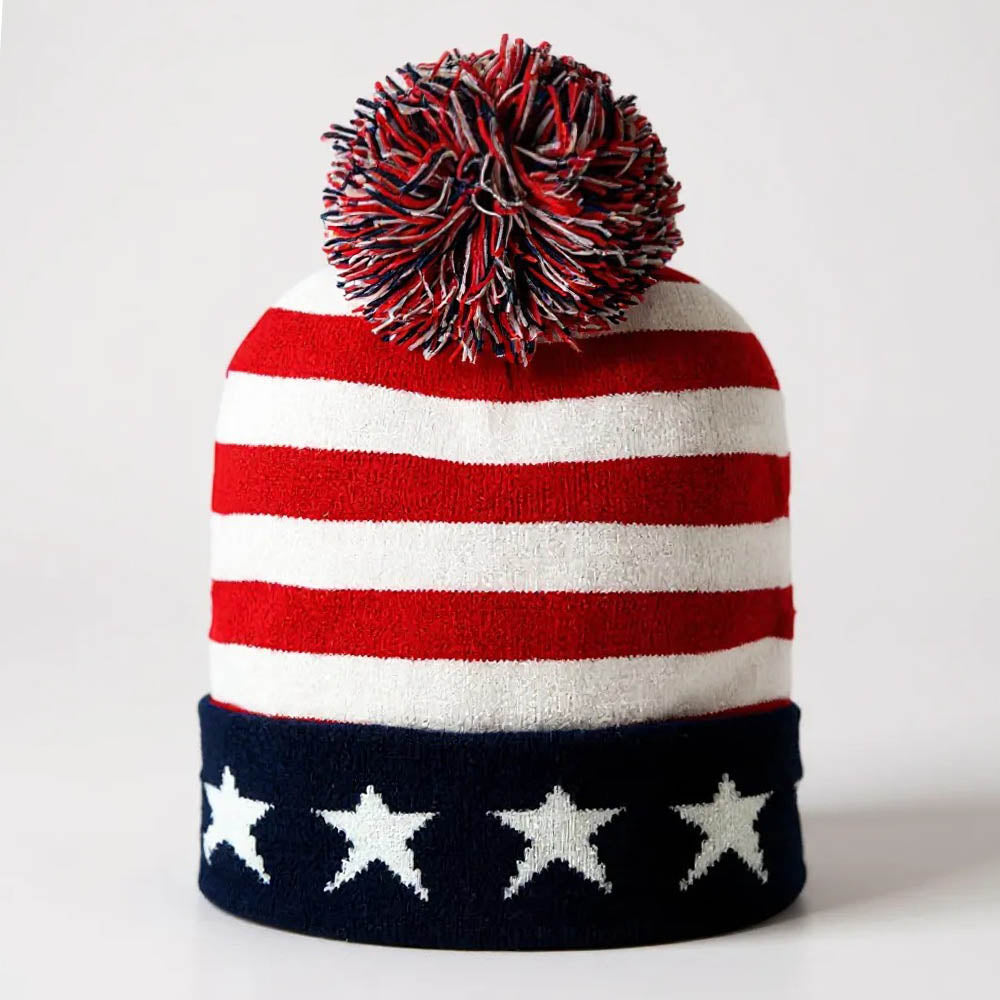 HATEGORY America USA Flag Pom Pom Winter Beanie Hat