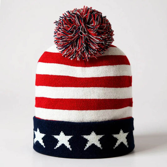 HATEGORY America USA Flag Pom Pom Winter Beanie Hat