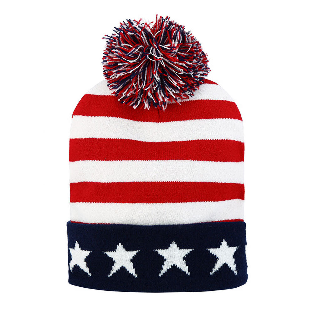 HATEGORY America USA Flag Pom Pom Winter Beanie Hat