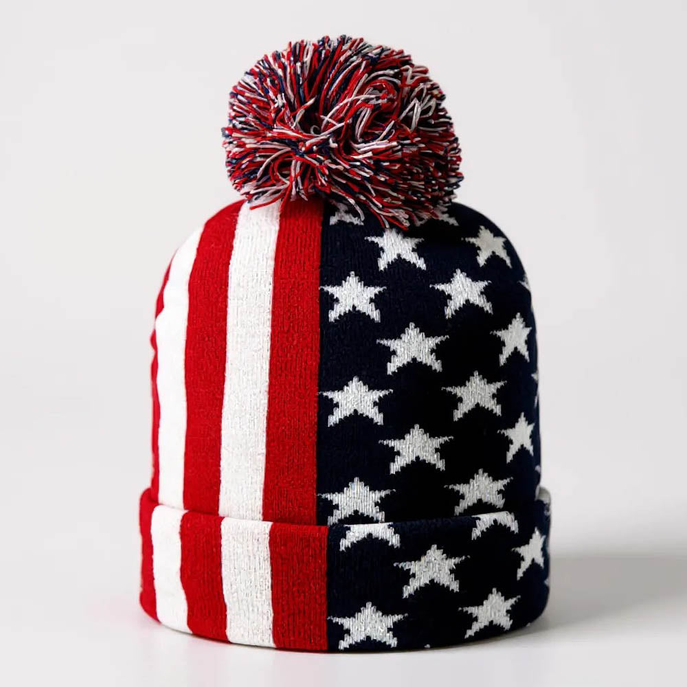 HATEGORY America USA Flag Pom Pom Winter Beanie Hat