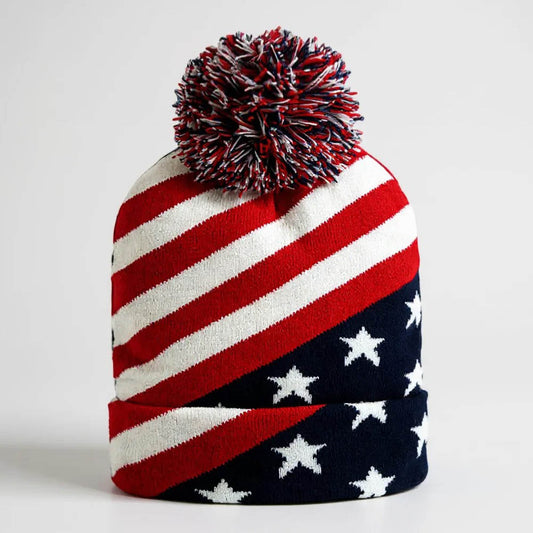 HATEGORY America USA Diagonal Flag Pom Pom Winter Beanie Hat