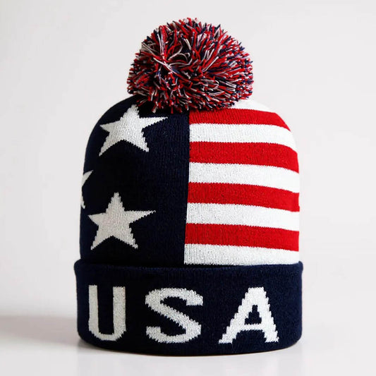 HATEGORY America USA Flag Pom Pom Winter Beanie Hat