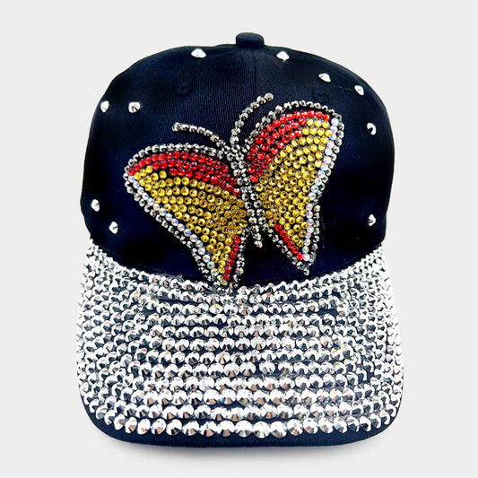 HATEGORY Bling Glass Crystal Stone Accented Butterfly Baseball Cap
