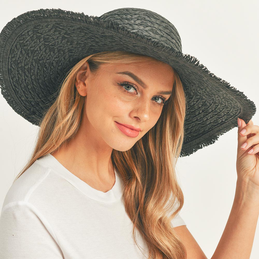 HATEGORY Trim Detailed Solid Straw Sun Hat