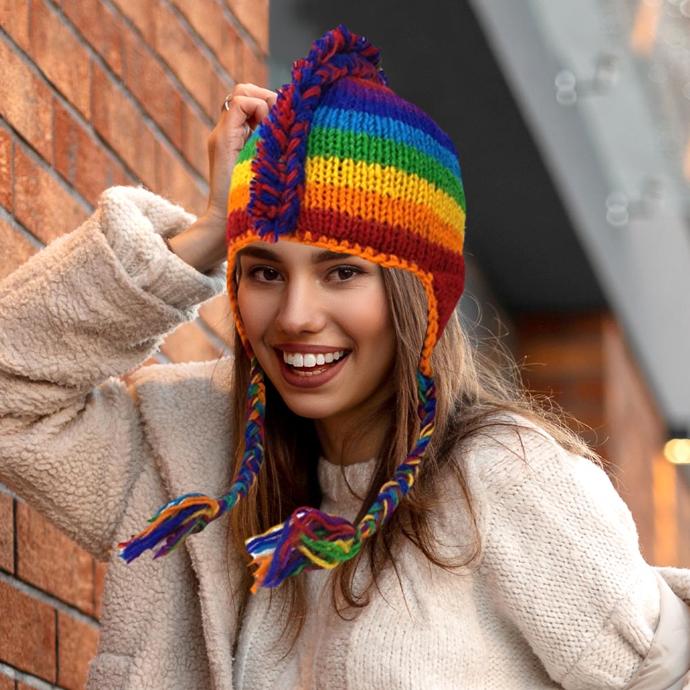 HATEGORY Handmade Wool Rainbow Beanie Hat