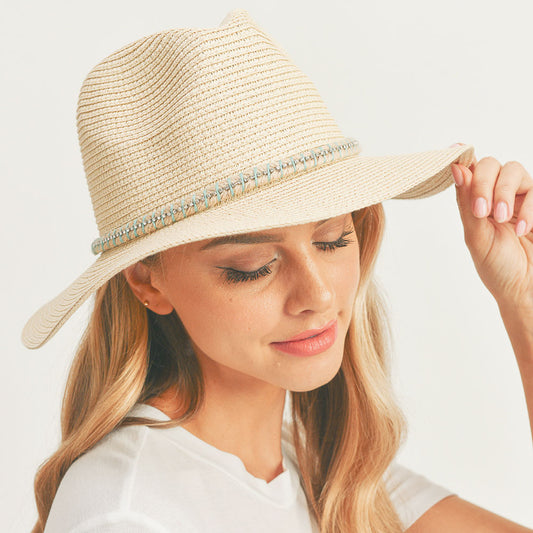 HATEGORY Rhinestone Embellished Band Panama Straw Sun Hat