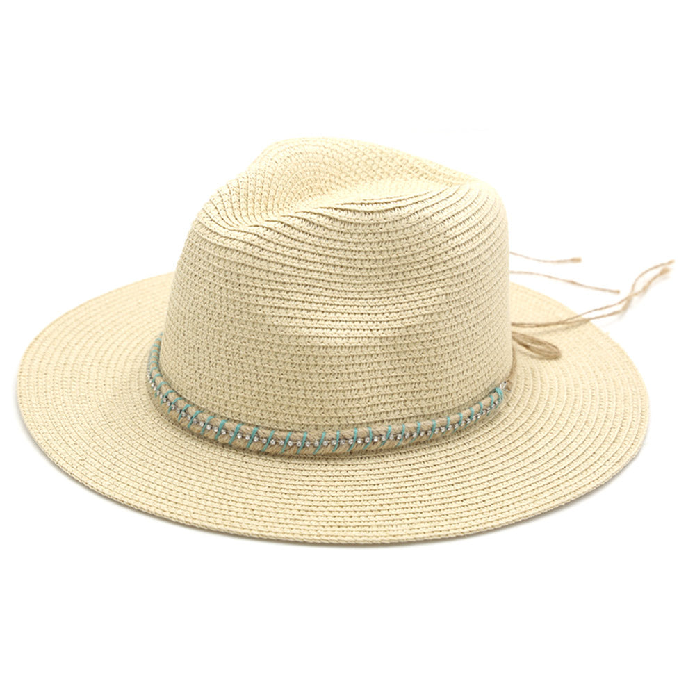 HATEGORY Rhinestone Embellished Band Panama Straw Sun Hat