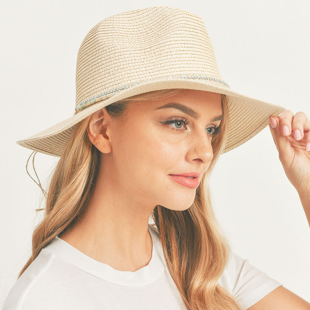 HATEGORY Rhinestone Embellished Band Panama Straw Sun Hat
