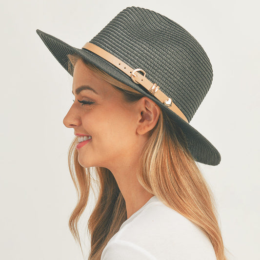 HATEGORY Faux Leather Band Straw Panama Sun Hat
