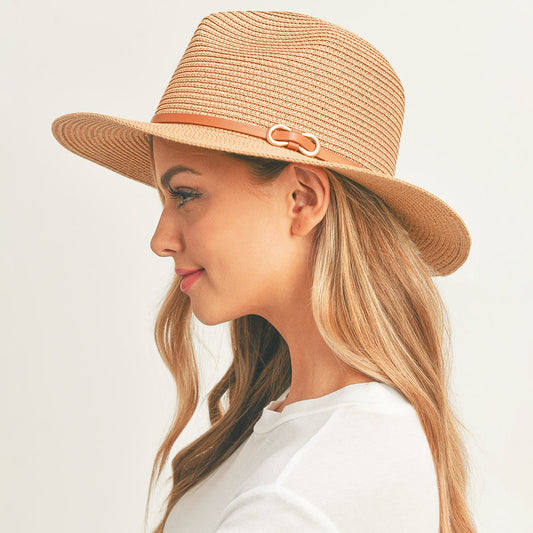 HATEGORY Faux Leather Band Straw Panama Sun Hat