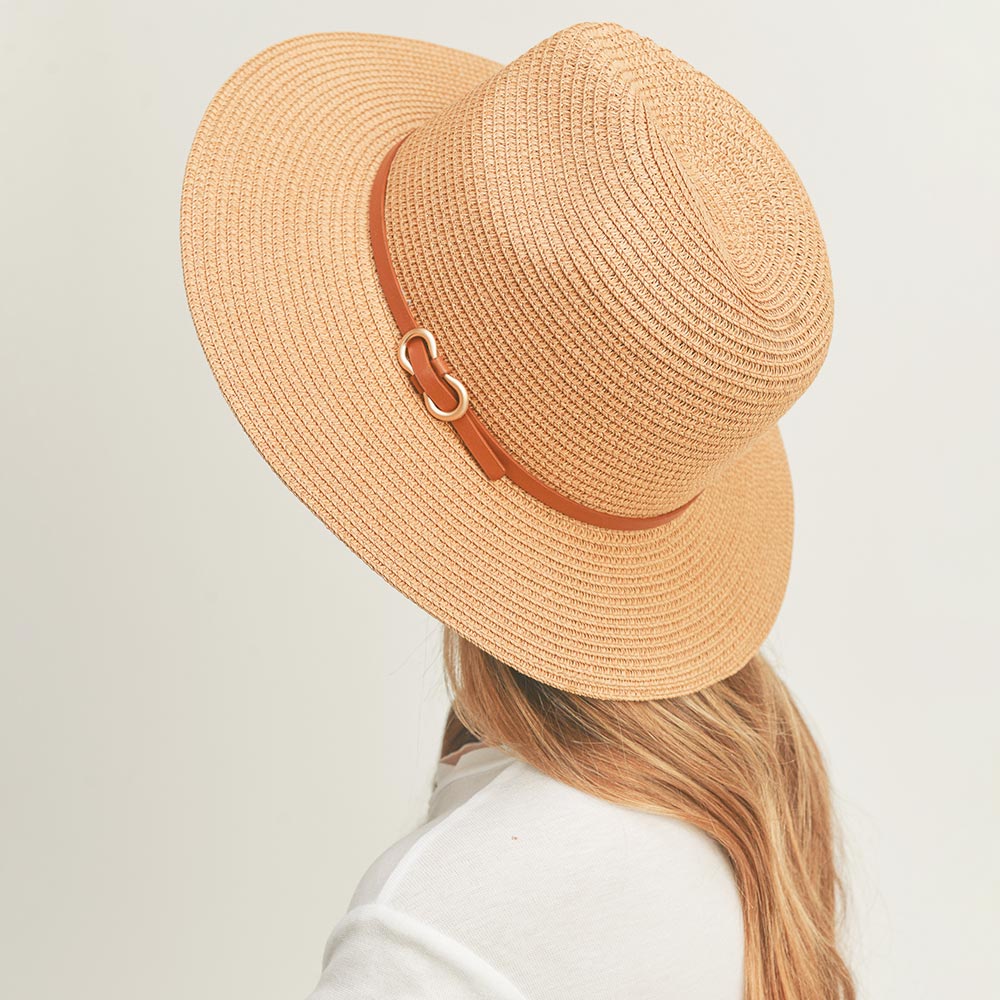 HATEGORY Faux Leather Band Straw Panama Sun Hat