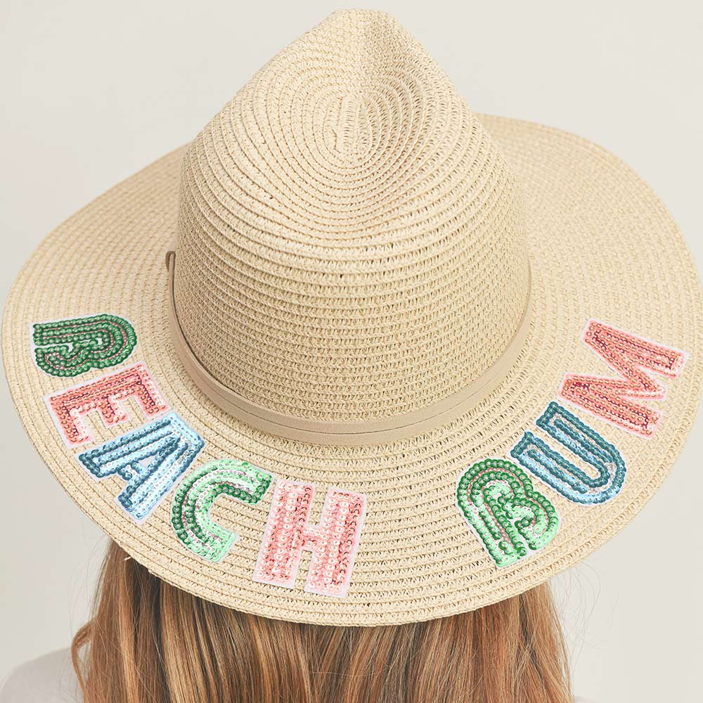 HATEGORY Beach Bum Sequin Message Straw Panama Sun Hat