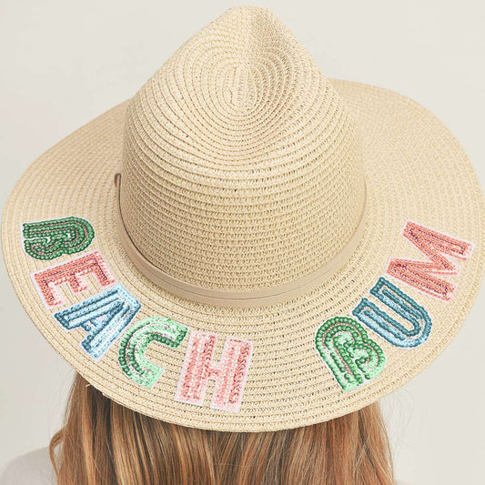 HATEGORY Beach Bum Sequin Message Straw Panama Sun Hat