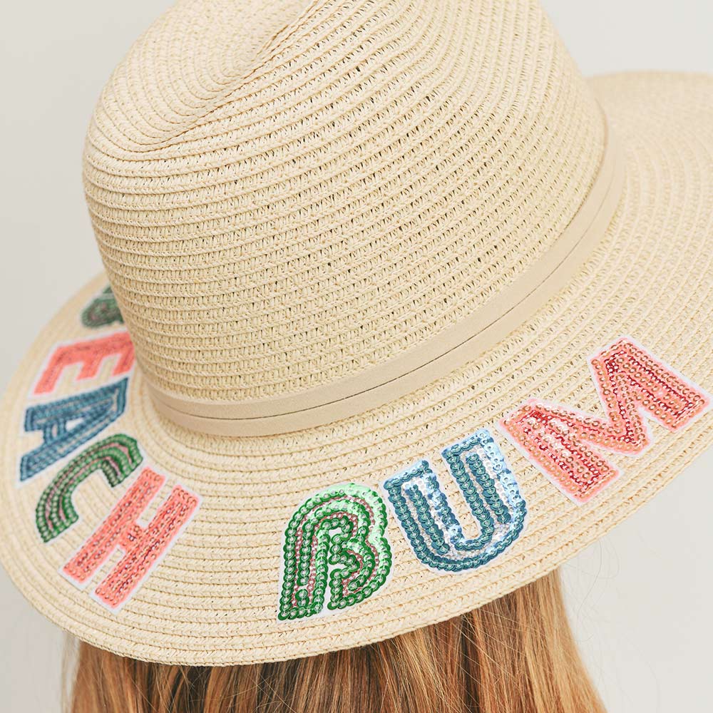 HATEGORY Beach Bum Sequin Message Straw Panama Sun Hat