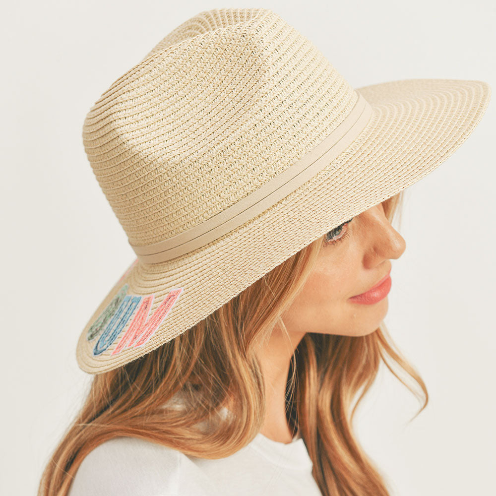 HATEGORY Beach Bum Sequin Message Straw Panama Sun Hat