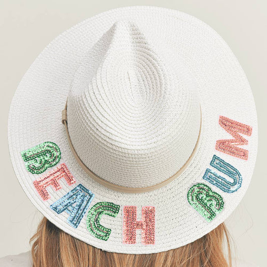 HATEGORY Beach Bum Sequin Message Straw Panama Sun Hat