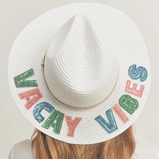HATEGORY Vacay Vibes Sequin Message Straw Panama Sun Hat