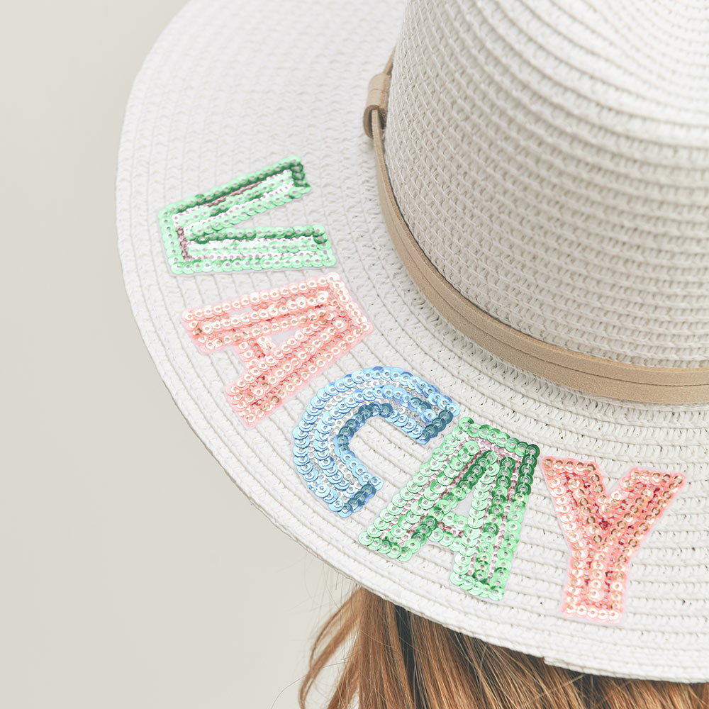 HATEGORY Vacay Vibes Sequin Message Straw Panama Sun Hat