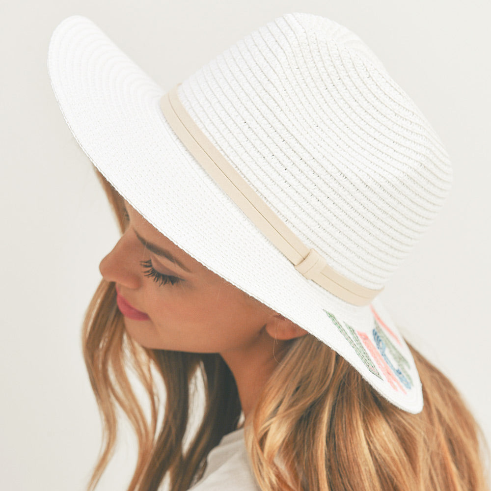 HATEGORY Vacay Vibes Sequin Message Straw Panama Sun Hat