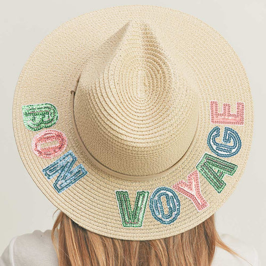 HATEGORY Bon Voyage Sequin Message Straw Panama Sun Hat