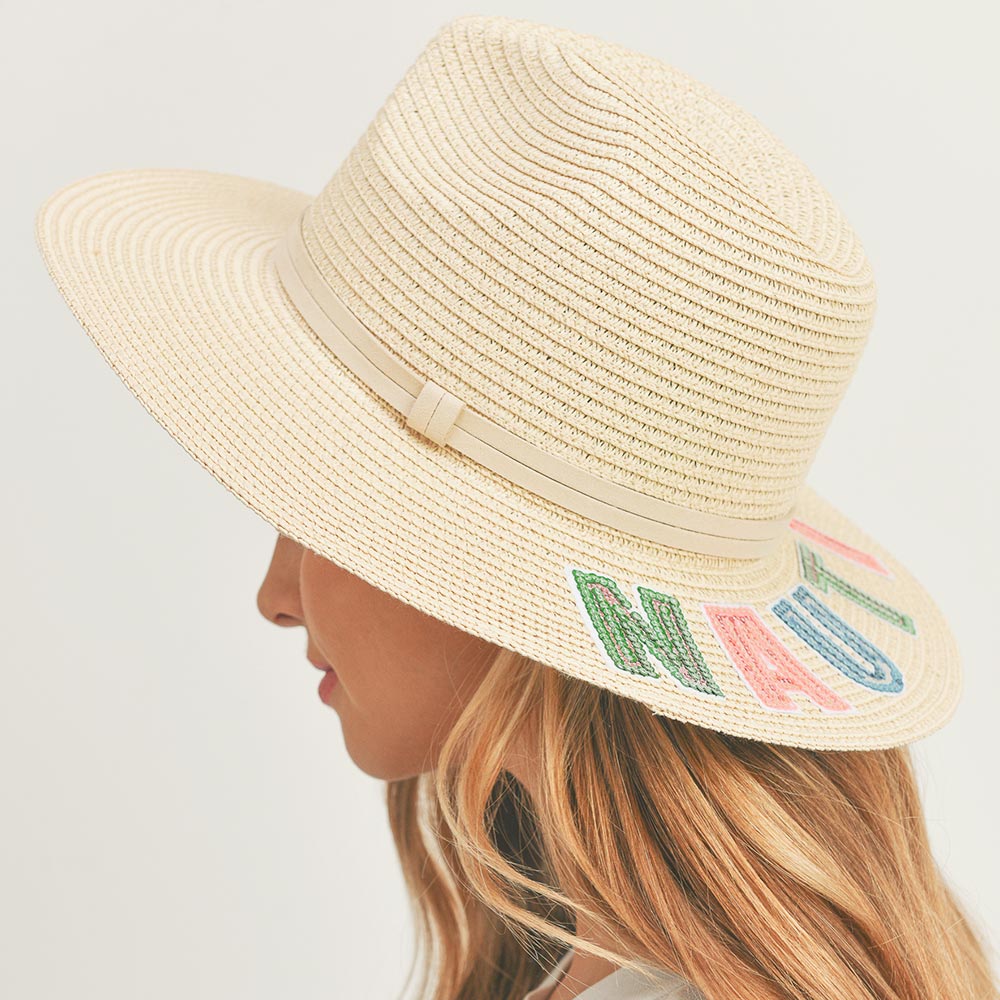 HATEGORY Nauti Sequin Message Straw Panama Sun Hat