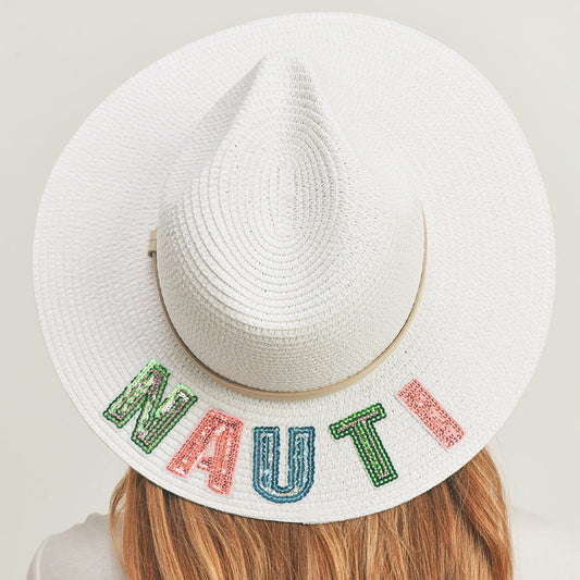HATEGORY Nauti Sequin Message Straw Panama Sun Hat