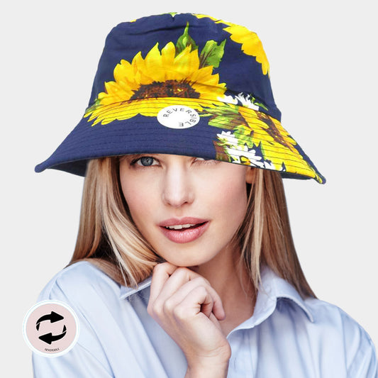 HATEGORY Reversible Sunflower Print Bucket Hat