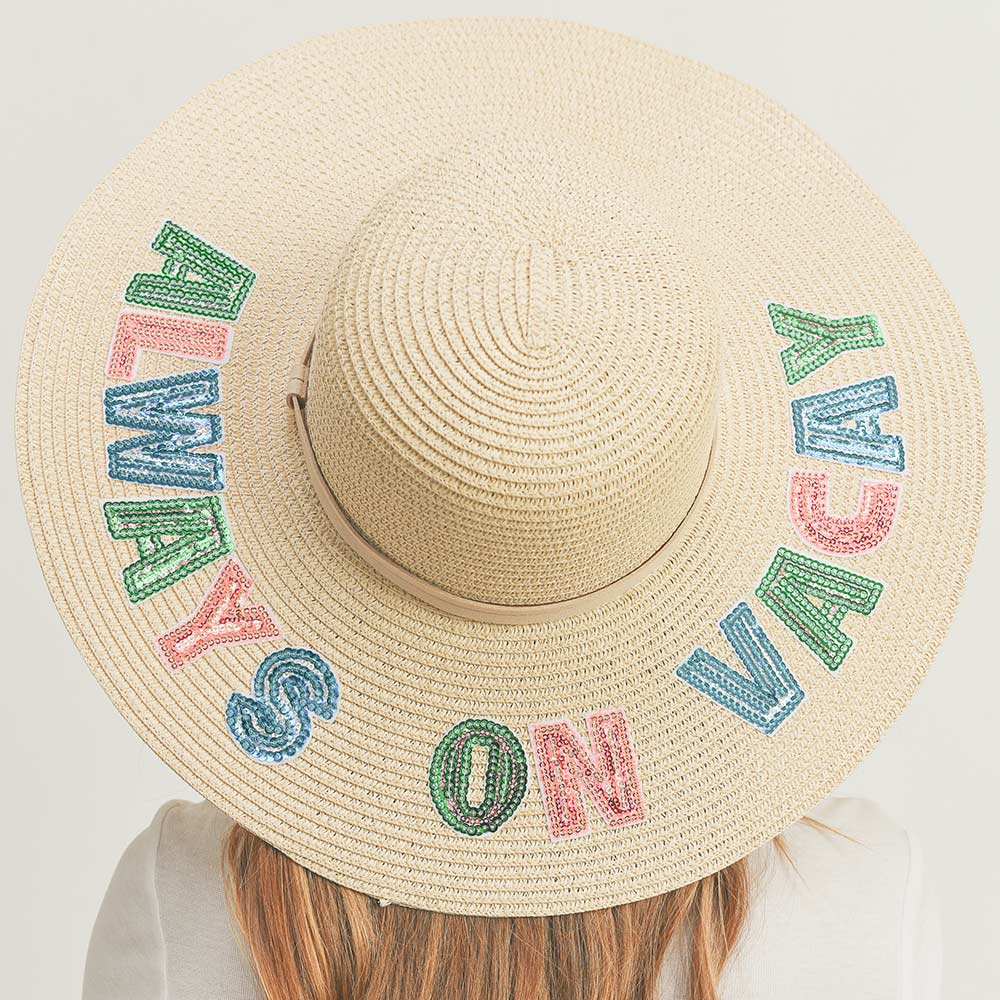 HATEGORY Always On Vacay Sequin Message Straw Panama Sun Hat