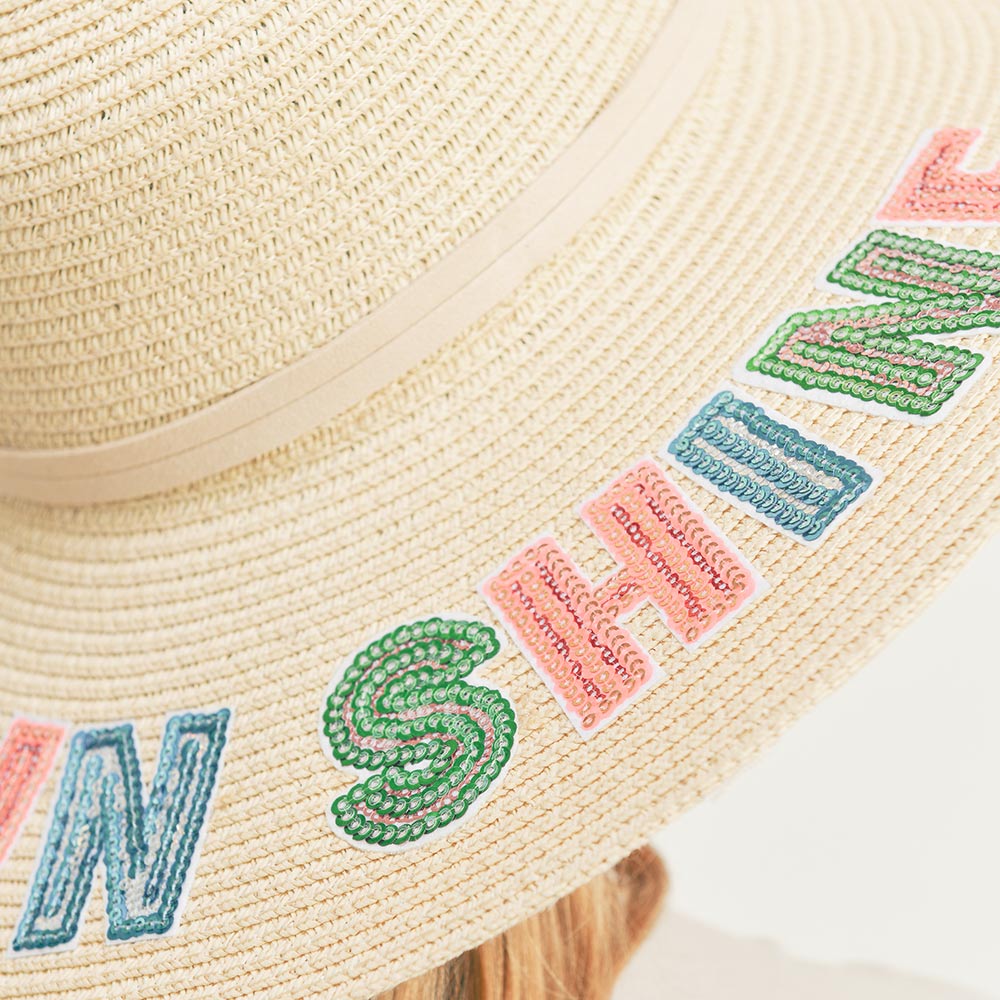 HATEGORY Let The Sun Shine Sequin Message Straw Panama Sun Hat