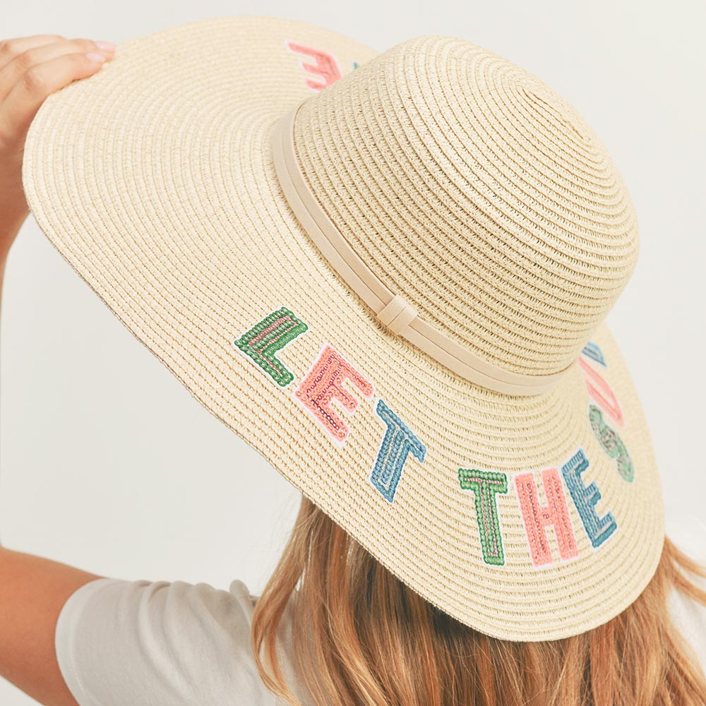 HATEGORY Let The Sun Shine Sequin Message Straw Panama Sun Hat
