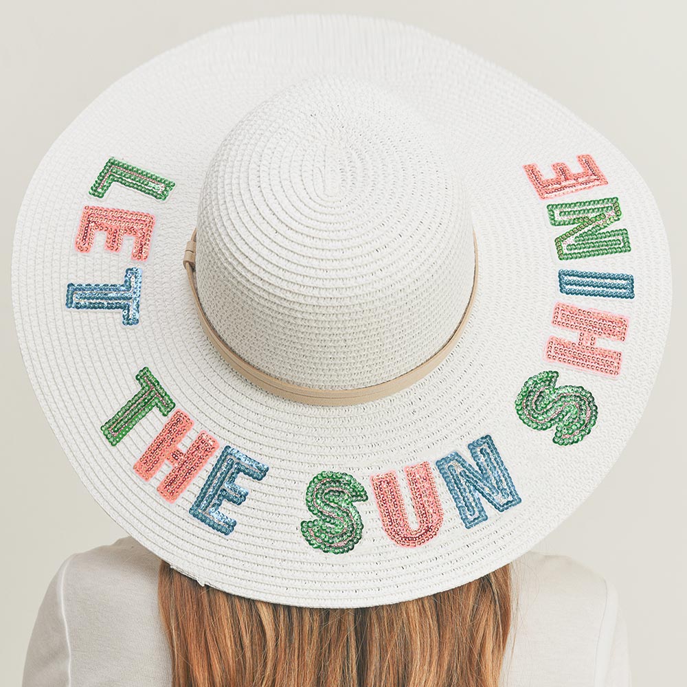 HATEGORY Let The Sun Shine Sequin Message Straw Panama Sun Hat
