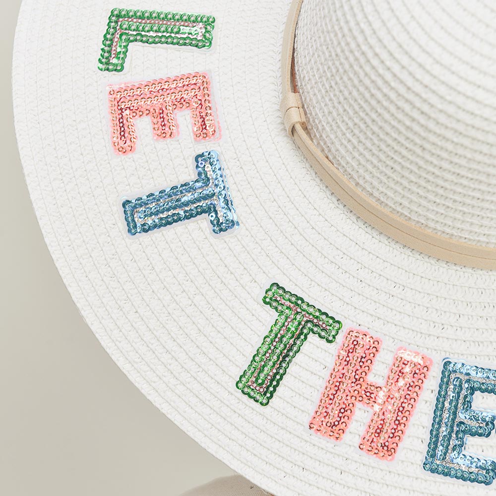 HATEGORY Let The Sun Shine Sequin Message Straw Panama Sun Hat