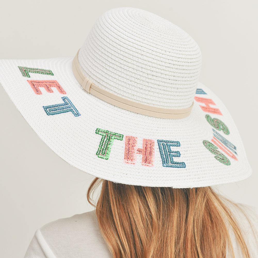 HATEGORY Let The Sun Shine Sequin Message Straw Panama Sun Hat