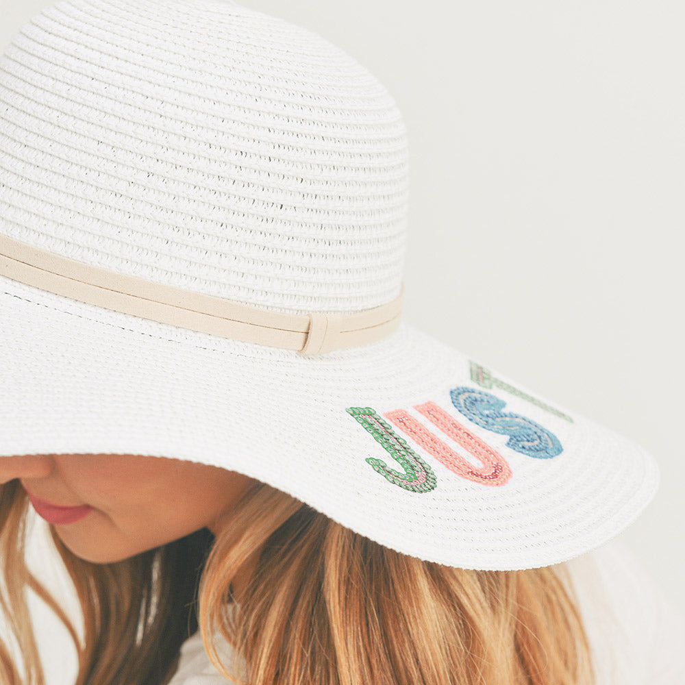 HATEGORY Just Chill Out Sequin Message Straw Panama Sun Hat
