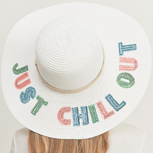 HATEGORY Just Chill Out Sequin Message Straw Panama Sun Hat