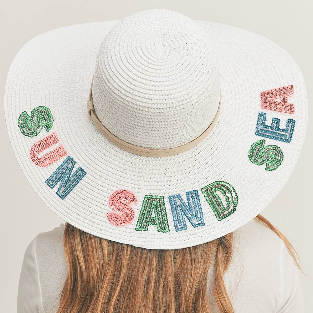 HATEGORY Sun Sand Sea Sequin Message Straw Panama Sun Hat