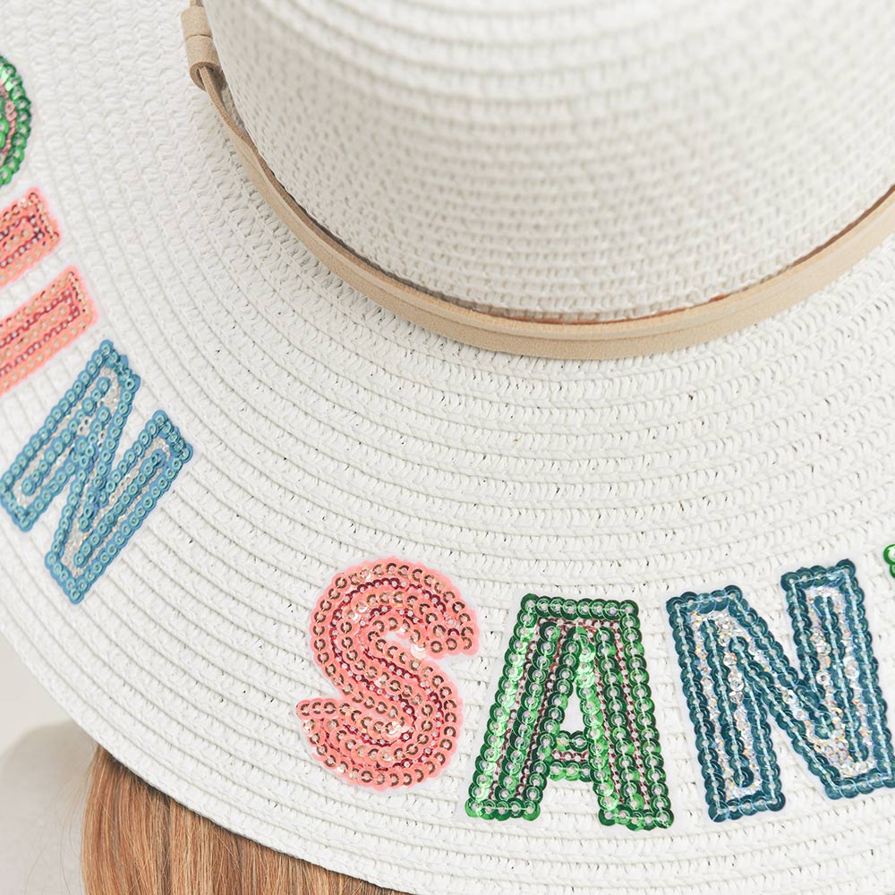 HATEGORY Sun Sand Sea Sequin Message Straw Panama Sun Hat