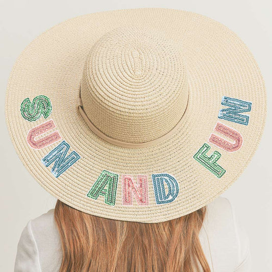 HATEGORY Sun And Fun Sequin Message Straw Panama Sun Hat