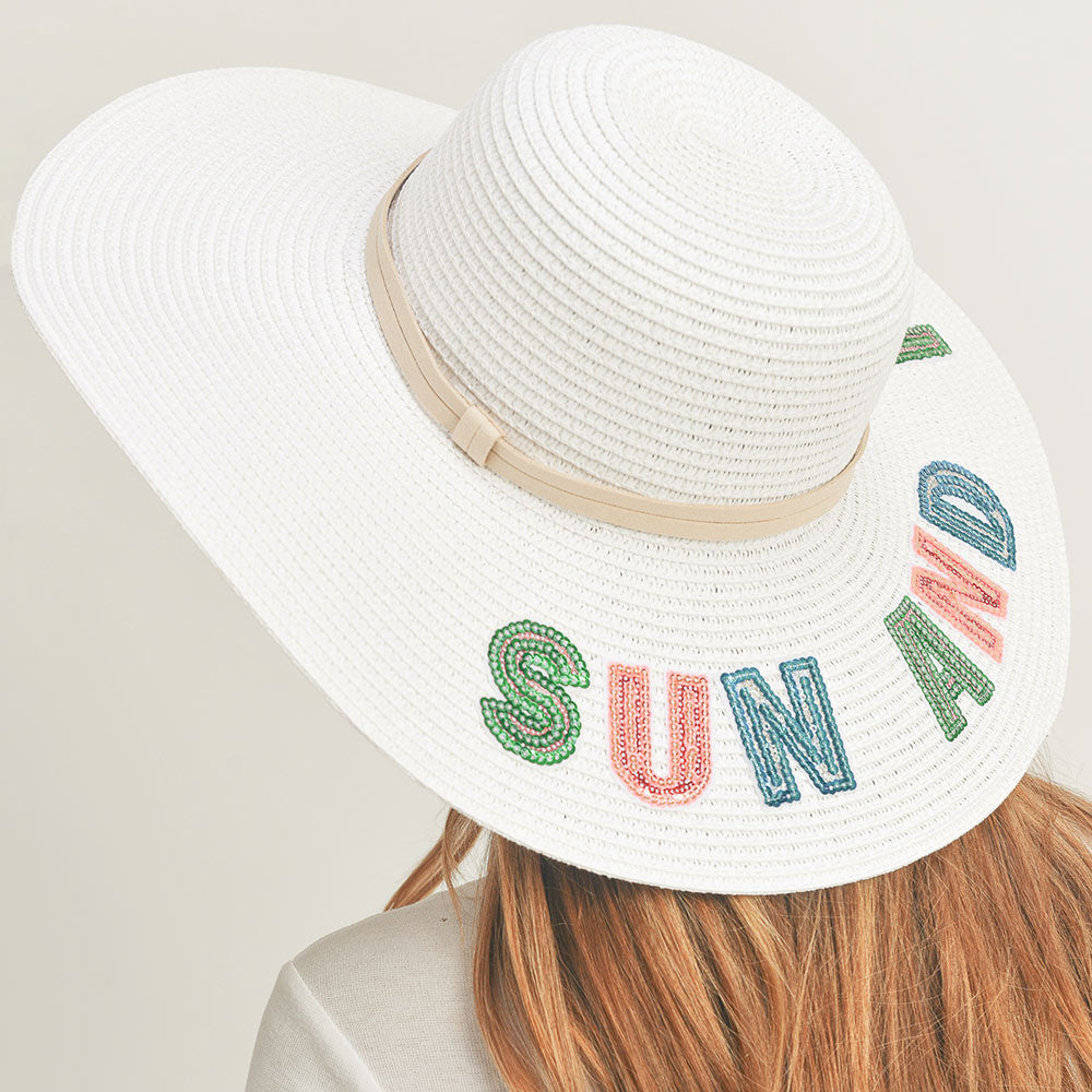 HATEGORY Sun And Fun Sequin Message Straw Panama Sun Hat