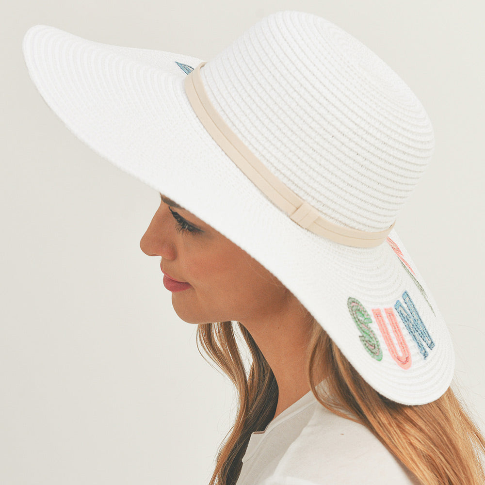 HATEGORY Sun And Fun Sequin Message Straw Panama Sun Hat