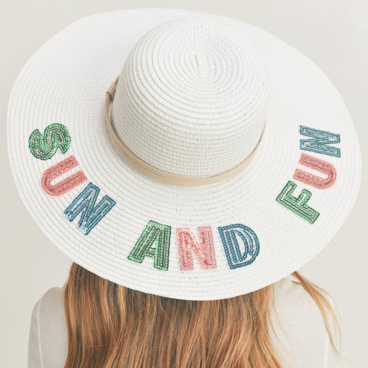HATEGORY Sun And Fun Sequin Message Straw Panama Sun Hat